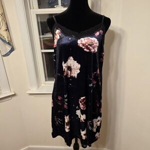 TIMING Velvet‎ Floral Print Slip Dress Black Lace Trim Cami Mini Size M
